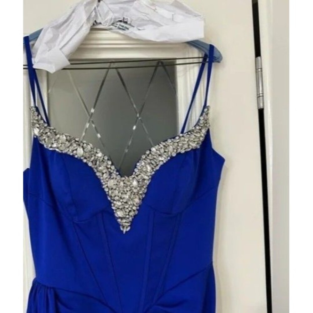 Portia & Scarlett Cobalt Corset Beaded Gown High Slit Formal Prom Dress Size 8 - Picture 3 of 5
